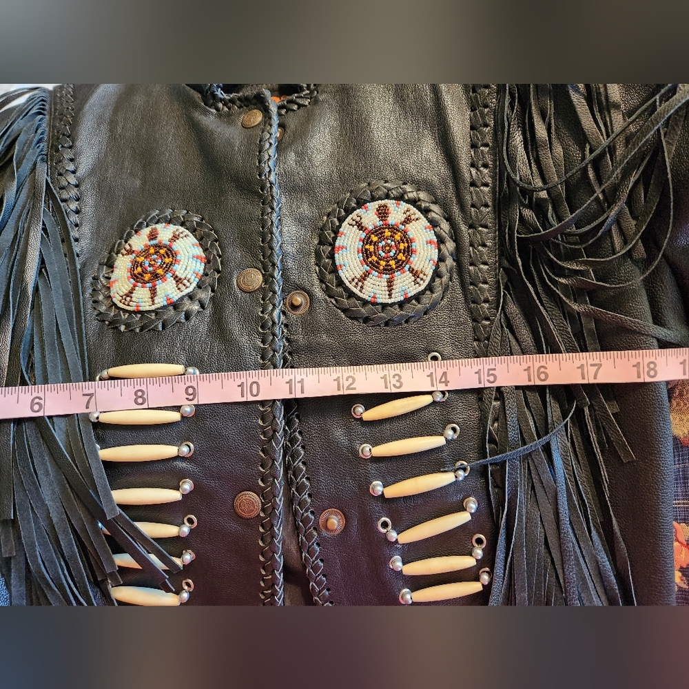 3B WEST Tansmith Black Fringe Multi Beads Leather Western Native Coat Jacket 36 - Picture 13 of 16